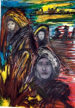 Vluchtenlingen 55 x 75 cm, krijt op papier