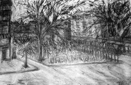 "Street" 75 x 100 cm, houtskool op papier
